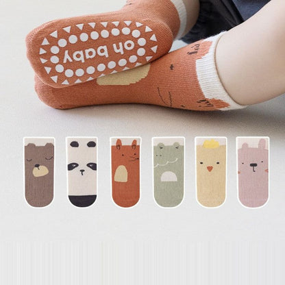 Animal anti-slip socks with grip soles, shown in six animal designs